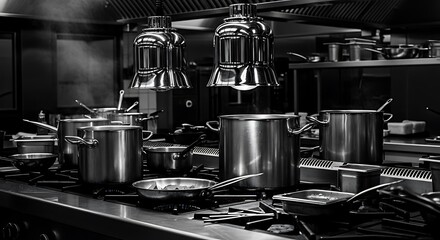 Monochrome View of a Professional Restaurant Kitchen with Stainless Steel Cookware.
