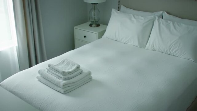 Modern bedroom with neatly folded towels