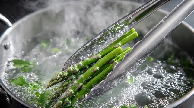 Metal tongs grip asparagus spears boiling water stockpot steam atmospheric cooking environment close-up serrated surfaces blanching process
