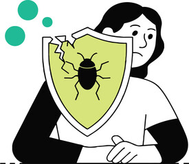 A person holding a cracked shield with a bug on it and green circles floating in the background