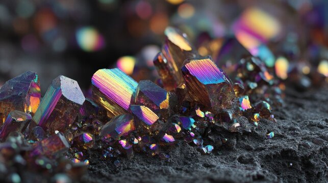Holographic crystal formations with iridescent rainbow reflections on dark velvet surface