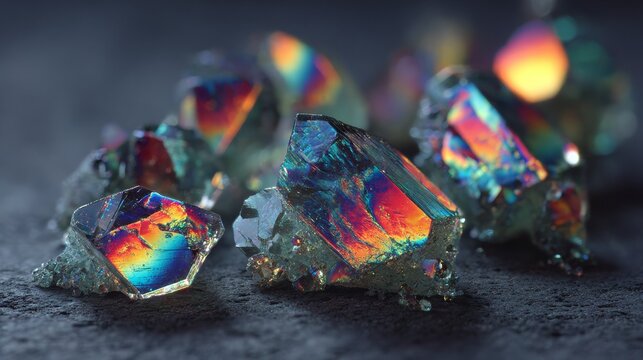 Holographic crystal formations with iridescent rainbow reflections on dark velvet surface