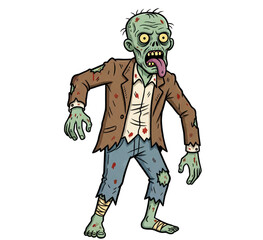 Cartoon Zombie Character with Tongue Sticking Out and Open Mouth in Ripped Bloody Clothes Isolated on Transparent Background