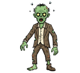 Cartoon Zombie Character with Tongue Sticking Out and Open Mouth in Ripped Bloody Clothes Isolated on Transparent Background