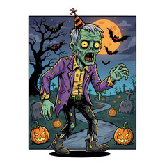 Cartoon Zombie in a Party Hat Walking Through a Graveyard on Halloween Night with Full Moon, Bats, and Jack-o'-Lanterns