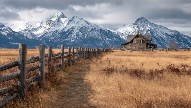 Rustic cabin nestled in a field, snow-capped mountains in background - Powered by Adobe