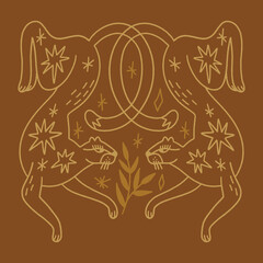 Mystical tribal leopard with starry shaped spots, jungle foliage vector clipart illustration. Two funky leopards couple. Modern oriental abstract patterned cats. Collage style boho artistic graphic