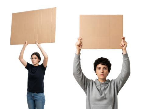 Two people holding blank cardboard signs