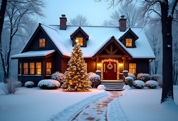 In the village among the forest stands a country house, decorated with garlands and lights for the New Year. Near the house, there is a decorated Christmas tree and a path leading to it.