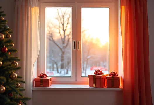 A winter sunny morning, gifts wrapped in red paper with a gold ribbon stand on the windowsill, and a New Year's festive Christmas tree stands near the window.