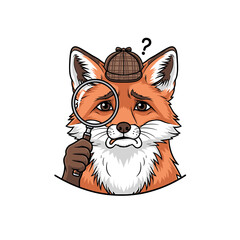 Obraz premium Cartoon Fox Detective with Magnifying Glass and Plaid Hat Questioning