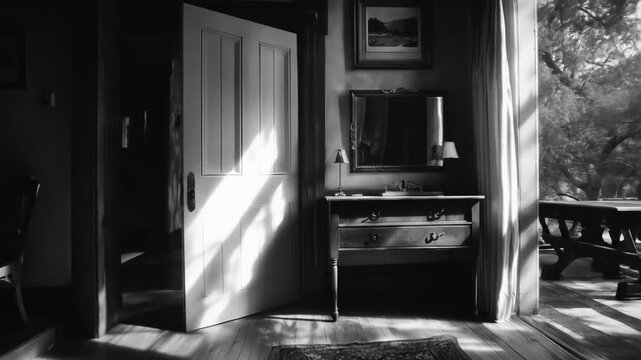 B&W interior with open door, dresser, sunlight, rug, and picture frame