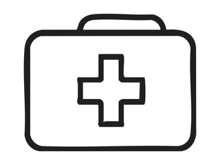Obraz premium Black outline of medical first aid kit bag with cross isolated on white background. concept of emergency care, health, safety, survival gear, icon, logo, design element