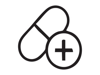Obraz premium Black outline of medical pills with cross icon, isolated on white background. concept of healthcare symbol, medication, pharmacy, medicine, icon, logo, design element