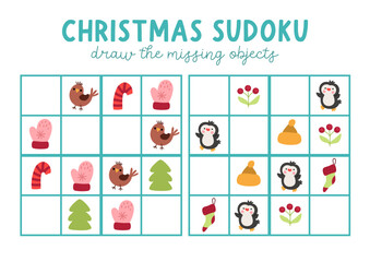 Vector Christmas sudoku puzzle for kids with pictures. New Year quiz with candy cane, mitten, bird, fir tree, penguin, stocking. Winter holiday activity with traditional symbols. Draw missing object