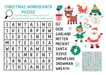 Vector Christmas word search puzzle for kids. New Year wordsearch quiz with Santa Claus, deer, elf, present, snowman, stocking for children. Winter holiday educational cross word activity