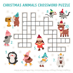 Vector Christmas crossword puzzle for kids. New Year quiz with animals for children. Cute winter holiday educational cross word activity with capybara, cat, bird, deer, bear, penguin, mouse