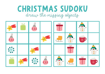 Vector Christmas sudoku puzzle for kids with pictures. New Year quiz with present, star, ball, snowflake, snowman, skate. Winter holiday activity with traditional symbols. Draw missing object
