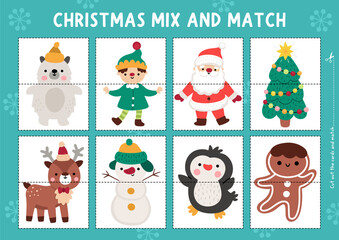 Vector Christmas mix and match puzzle. Matching New Year activity for preschool kids. Winter holiday printable game with Santa Claus, elf, snowman, deer, penguin, tree, gingerbread man