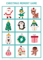 Vector Christmas memory game cards with cute New Year symbols. Winter holiday matching activity. Remember and find correct card. Simple printable worksheet for kids with Santa Claus, elf, tree