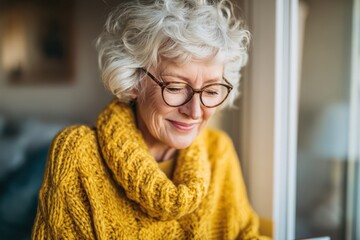 Joyful elderly woman in a cozy mustard sweater smiles softly while reading a book in her sunlit living room showcasing serene moments of daily life and the beauty of aging gracefully