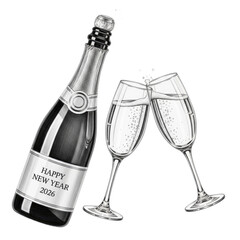 Elegant Vintage Champagne Bottle with Two Clinking Toasting Glasses Filled with Bubbly Liquid Ready for a Festive New Year Celebration with a