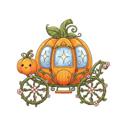 Enchanting pumpkin carriage adorned with delicate pink blossoms and winding green vines with a small happy pumpkin companion beside it set against a