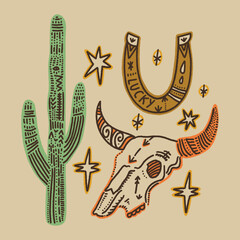 Boho groovy grunge distressed vintage western bundle set lucky horseshoe label, bull skull sketch and cacti illustration. Digital stickers, wild west cartoon doodles, tribal bohemian retro style decor