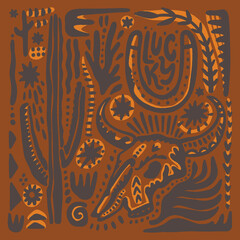 Boho groovy grunge distressed vintage western bundle set lucky horseshoe label, bull skull sketch and cacti illustration. Digital stickers, wild west cartoon doodles, tribal bohemian retro style decor