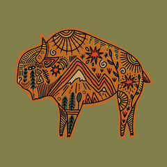 Floral boho tribal ornate bison graphic artwork, wild buffalo with ornamental elements, American vintage wild life art for t shirt, stickers, tee graphic prints, born free concept. Coloring book
