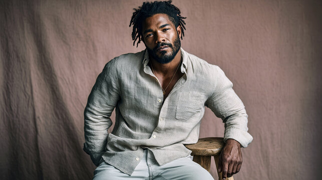 A man with dreadlocks is sitting on a stool. He is wearing a white shirt and gray pants