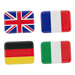 Four European flags the Union Jack of the United Kingdom France Germany and Italy represented as glossy rounded square icons with a colorful blurred