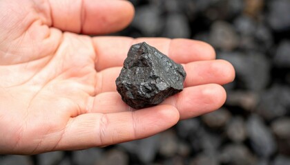 Close Up Of A Human Hand Holding A Dark Volcanic Rock Object Against Blurry Rock Background