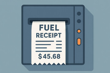 Illustration of fuel receipt emerging from machine displaying price of 45.68. concept of payment, transaction, fuel purchase, expense management, cost of living