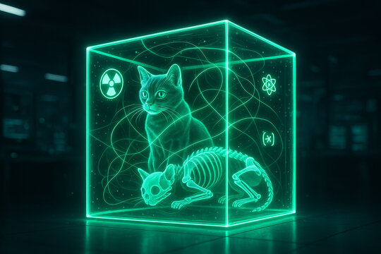 Futuristic illustration of quantum cat paradox in glowing cube featuring alive and skeletal cat concept of quantum mechanics, scientific thought experiment, Schrodinger s cat