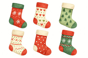 Watercolor christmas stockings collection with festive patterns and designs for holiday celebration and seasonal home decor illustration