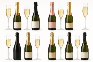 Elegant champagne set with flutes featuring assorted bottles and golden labels on a clean white background. concept of celebration, luxury beverage, opulence.