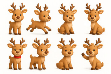 Christmas reindeer figurines illustration featuring eight cute cartoon deer in various poses. concept of holiday decor, seasonal cheer, festive ornament collection