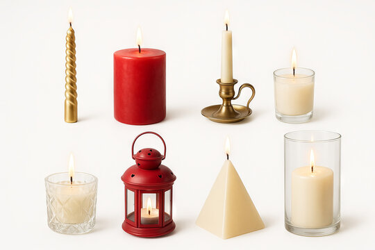 Decorative candle and candleholder collection including red lantern, pyramid, and spiral candles for festive ambiance and cozy atmosphere