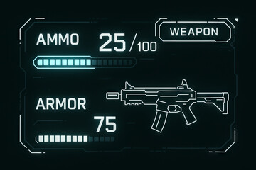 Futuristic cyberpunk game interface panel with weapon and ammo display in neon blue glow. concept of sci-fi gaming, virtual dashboard, futuristic technology design.