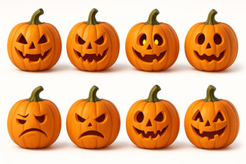 Carved halloween pumpkin collection with various expressive faces for autumn decoration and festive atmosphere, perfect for seasonal celebrations and home decor