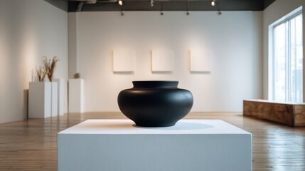 Fototapeta premium Minimalist ceramic vessel with matte black finish on white display platform in modern gallery