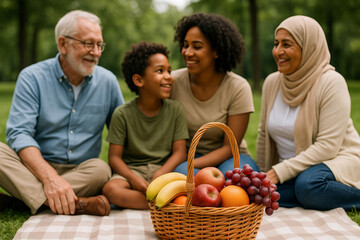 Family picnic in park with diverse group enjoying fresh fruit basket on sunny day. concept of togetherness, outdoor relaxation, cultural diversity