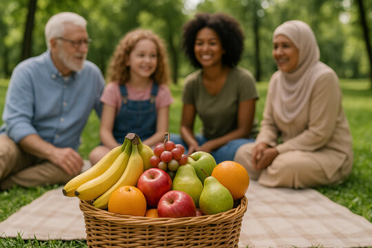 Family picnic in the park with basket of fresh fruits on relaxing day. concept of togetherness, outdoor leisure, healthy eating - Powered by Adobe