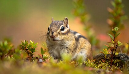 Obraz premium Close-up of a chipmunk in natural habitat, surrounded by vibrant foliage