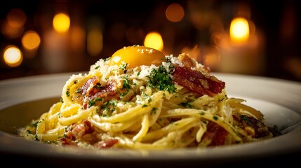 Authentic Italian Carbonara Spaghetti with Cheese and Pepper Garnish