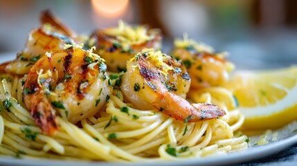 Italian Spaghetti Pasta with Grilled Shrimp and Garlic Butter Sauce Close Up
