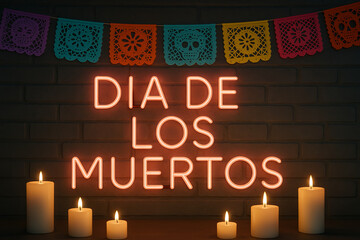 Dia de los muertos neon sign with colorful papel picado and lit candles for festive celebration. concept of day of the dead, mexican tradition, cultural heritage