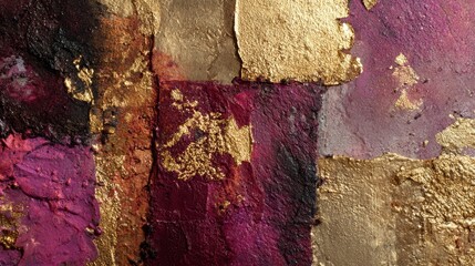 Abstract mixed media artwork featuring gold leaf accents and rich textural elements