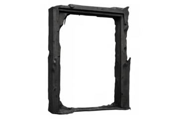 Damaged black wooden window or door frame showing destruction and loss after fire attack, transparent background